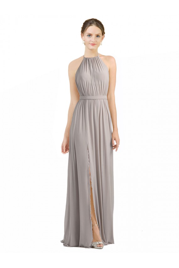Backless Halter Chiffon Bridesmaid Dress with Front Slit and Tie Open Back for Sale