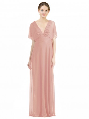 Draped Short Sleeves Long Chiffon A-Line Bridesmaid Dress for Sale