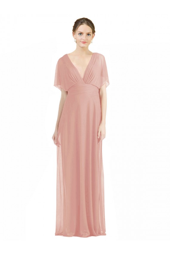 Draped Short Sleeves Long Chiffon A-Line Bridesmaid Dress for Sale