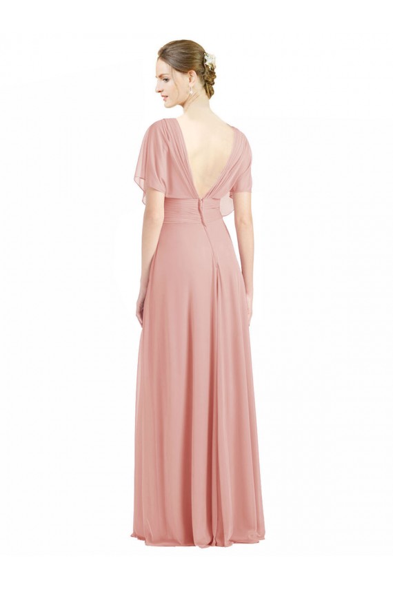 Draped Short Sleeves Long Chiffon A-Line Bridesmaid Dress for Sale