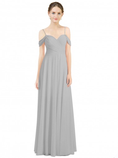 Off the Shoulder Long Chiffon Bridesmaid Dress with Ruched Bodice for Sale