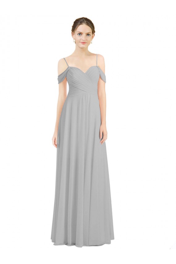 Off the Shoulder Long Chiffon Bridesmaid Dress with Ruched Bodice for Sale