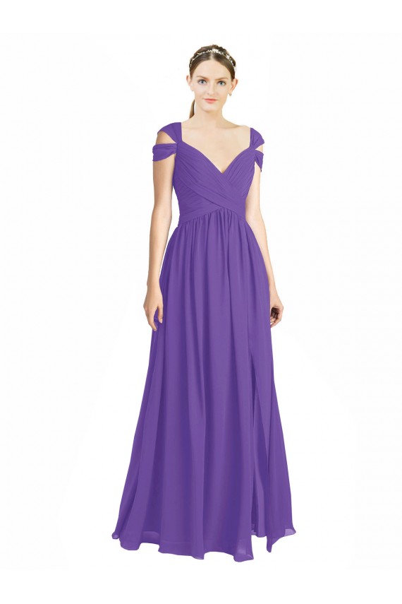 Off the Shoulder Cap Sleeves Chiffon Bridesmaid Dress with Pleats for Sale