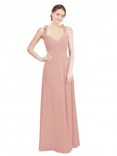 Ruched Sweetheart Halter Neckline Chiffon Bridesmaid Dress with Tie Open Back for Sale
