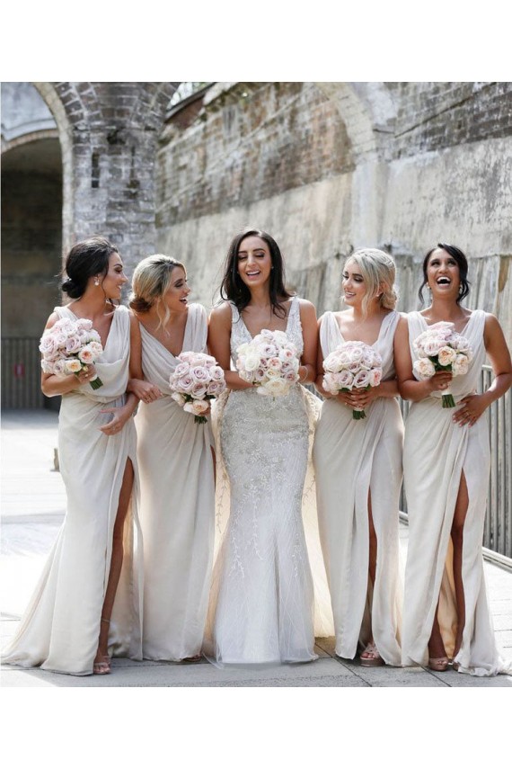 Chiffon Long Champagne Bridesmaid Dresses with Sexy High Slit and Front Ruffles for Sale