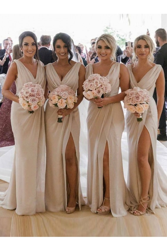 Chiffon Long Champagne Bridesmaid Dresses with Sexy High Slit and Front Ruffles for Sale