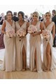 Chiffon Long Champagne Bridesmaid Dresses with Sexy High Slit and Front Ruffles for Sale