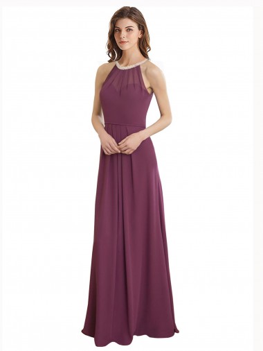High Neckline Long Chiffon Bridesmaid Dress with Beaded Trim for Sale