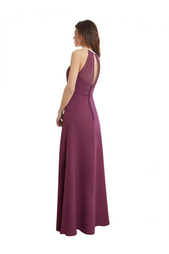 High Neckline Long Chiffon Bridesmaid Dress with Beaded Trim for Sale