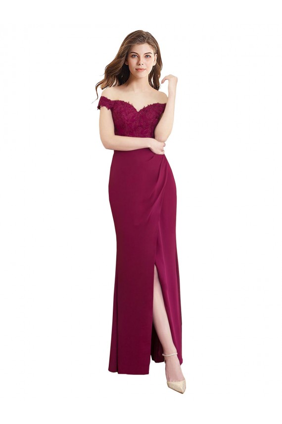 Off the Shoulder Chiffon Bridesmaid Dress with Lace Appliques and Front Slit for Sale