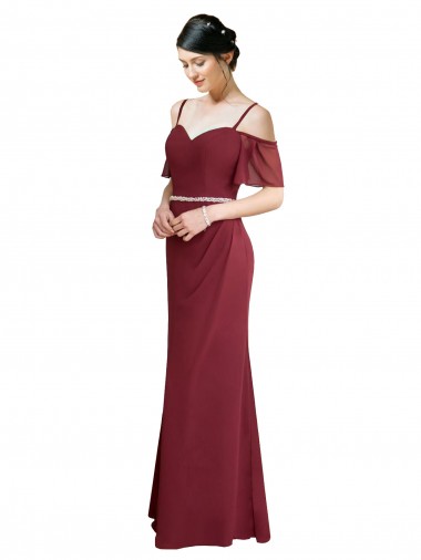 Draped Cold Shoulder Long Chiffon Bridesmaid Dress with Spaghetti Straps for Sale