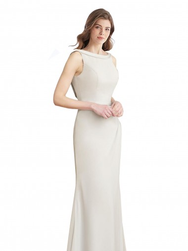 Long Chiffon Bridesmaid Dress with Boat Neckline and Satin Collar for Sale