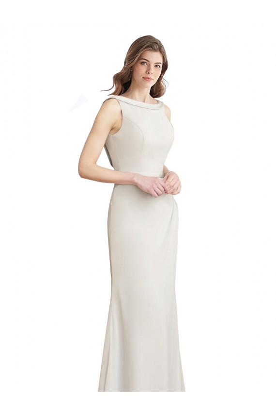Long Chiffon Bridesmaid Dress with Boat Neckline and Satin Collar for Sale