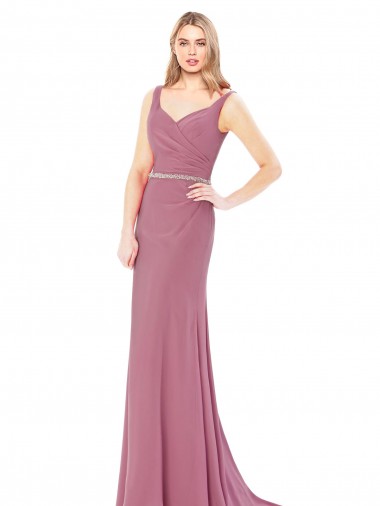Long Slim Chiffon Bridesmaid Dress / Prom Dress with Beaded Waist for Sale