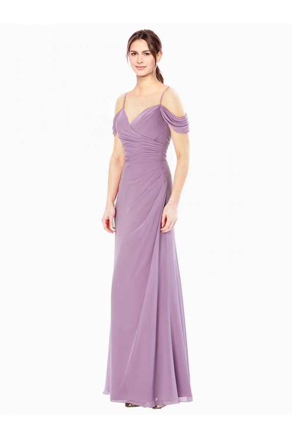 Draped Off the Shoulder Sweetheart Chiffon Bridesmaid Dress with Button Back for Sale
