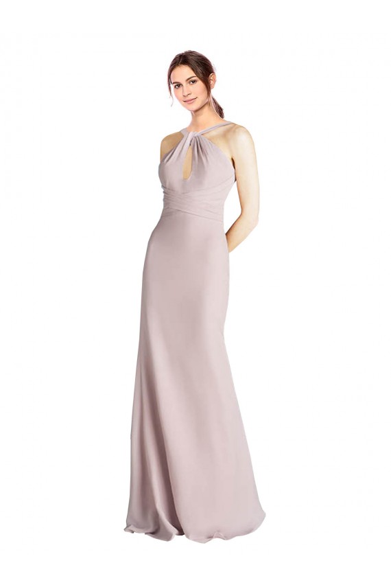 Long Slim Chiffon Bridesmaid Dress with Ruffled Waist and Keyhole for Sale
