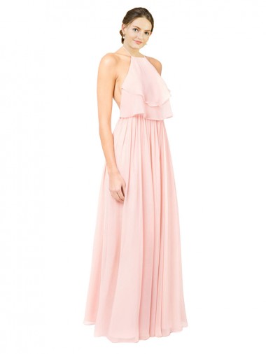 Halter Neck Chiffon Bridesmaid Dress with Double Ruffle Front for Sale