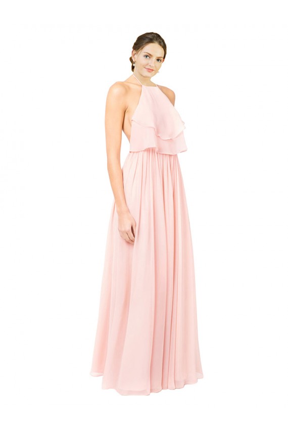 Halter Neck Chiffon Bridesmaid Dress with Double Ruffle Front for Sale