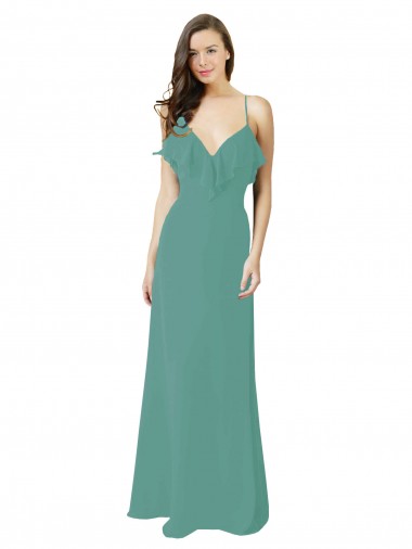 Full Length Chiffon Bridesmaid Dress with Ruffled V-Neckline for Sale