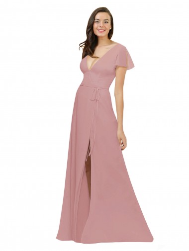 Flutter Sleeves Short Chiffon Bridesmaid Dress with Tie Belt for Sale
