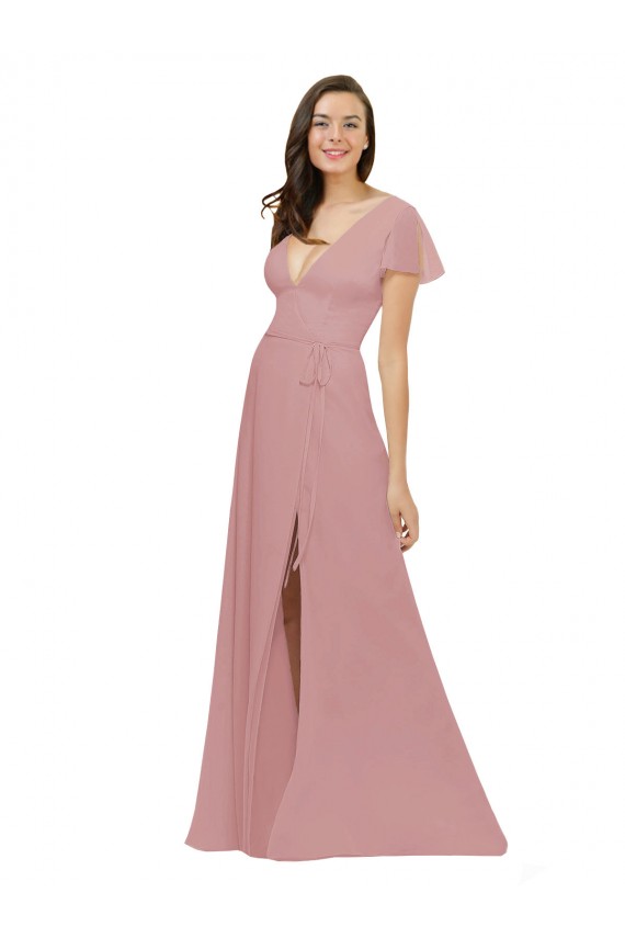 Flutter Sleeves Short Chiffon Bridesmaid Dress with Tie Belt for Sale