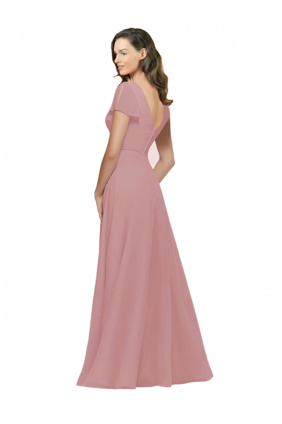 Flutter Sleeves Short Chiffon Bridesmaid Dress with Tie Belt for Sale