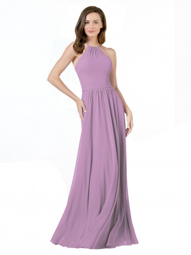 High Halter Chiffon Bridesmaid Dress with Ruffle Details Back for Sale