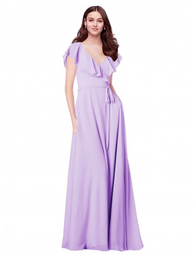 Flutter Sleeves V-Neck Chiffon Bridesmaid Dress for Sale