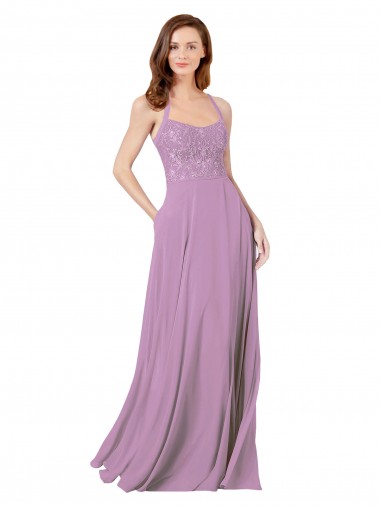 Floral Detailed Chiffon Bridesmaid Dress with Keyhole Back for Sale