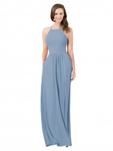 Chiffon Bridesmaid Dress with High Halter Neckline for Sale