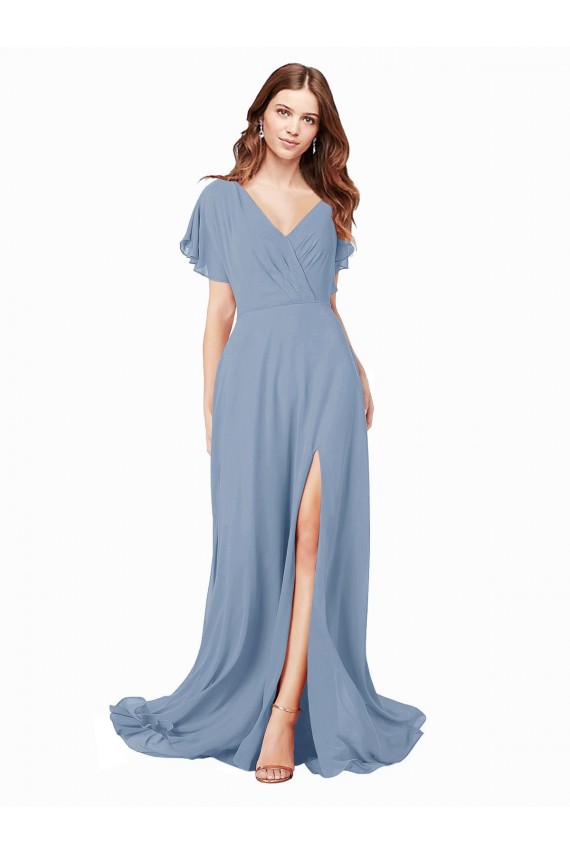 Chiffon Bridesmaid Dress / Prom Dress with Flutter Sleeves and Front Slit for Sale