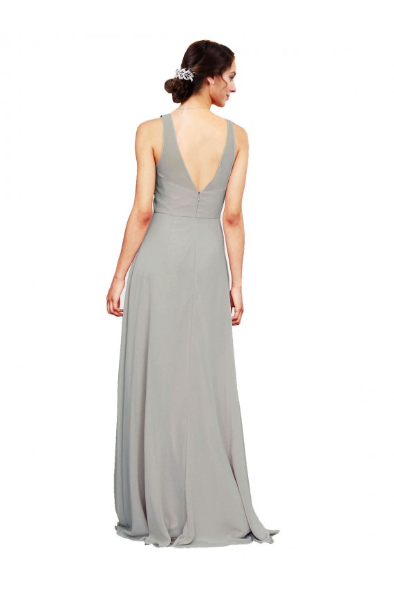 V-Neck Chiffon Bridesmaid Dress with Illusion Gathered Bodice for Sale