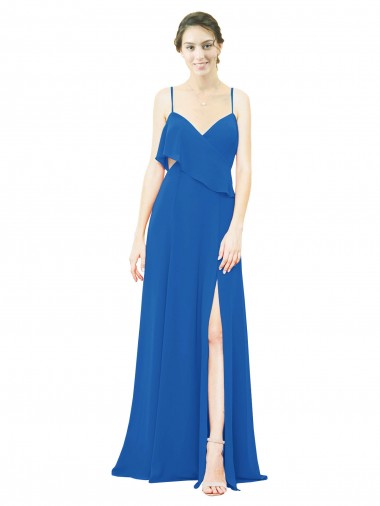 Spaghetti Strap Chiffon Bridesmaids Dress with Asymmetrical Ruffle and Front Slit for Sale