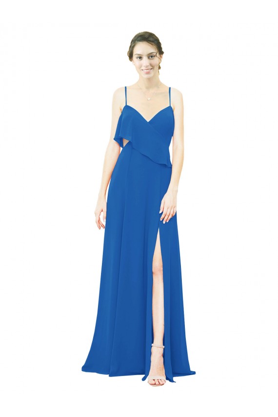 Spaghetti Strap Chiffon Bridesmaids Dress with Asymmetrical Ruffle and Front Slit for Sale