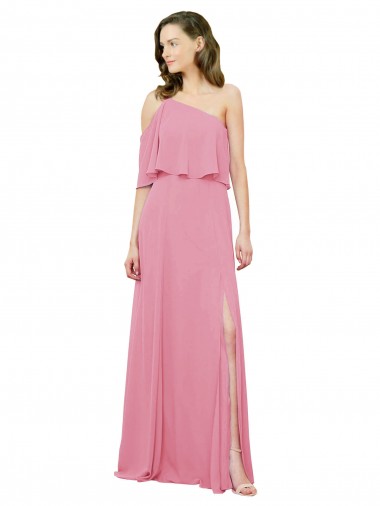 Sleeved One Shoulder Chiffon Bridesmaids Dress with Draped Ruffle Overlay for Sale