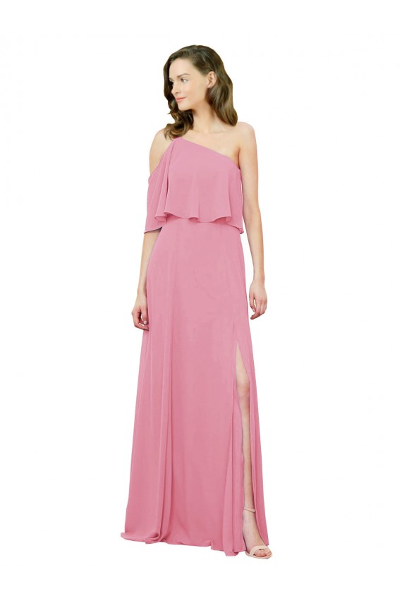 Sleeved One Shoulder Chiffon Bridesmaids Dress with Draped Ruffle Overlay for Sale