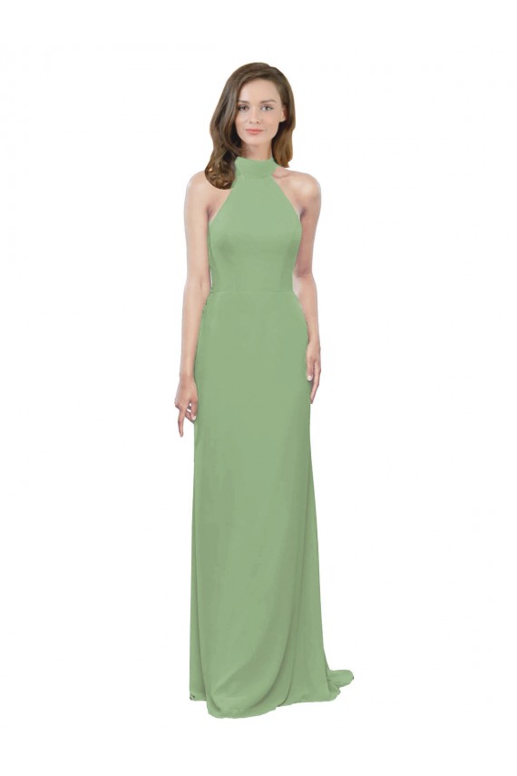 High Collar Halter Neck Chiffon Bridesmaid Dress with Long Back Tie for Sale