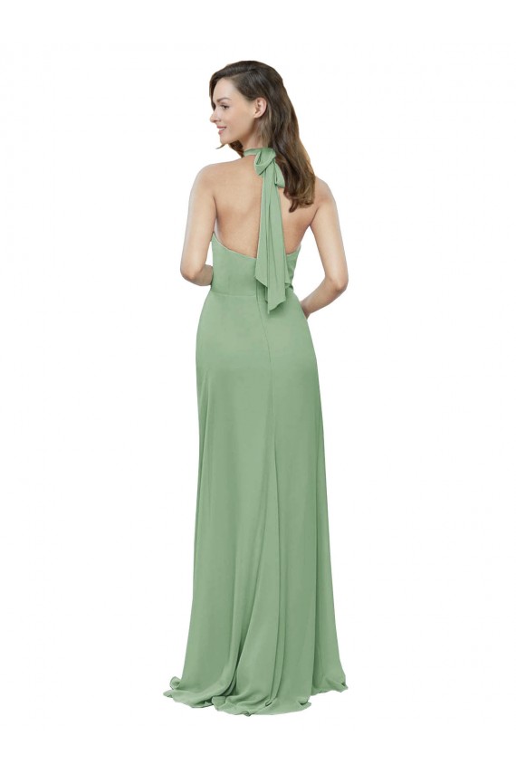 High Collar Halter Neck Chiffon Bridesmaid Dress with Long Back Tie for Sale