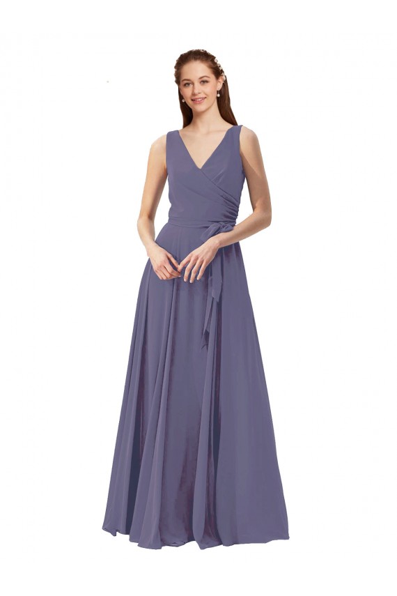 V-Neck Long Draped A-Line Chiffon Bridesmaid Dress for Sale