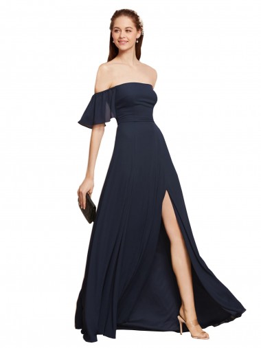 Off the Shoulder Floaty Sleeves Chiffon Bridesmaid Dress / Prom Dress with High Slit for Sale