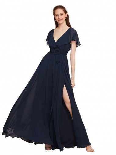 Long V-Neck Chiffon Bridesmaid Dress with Slit and V-Back for Sale