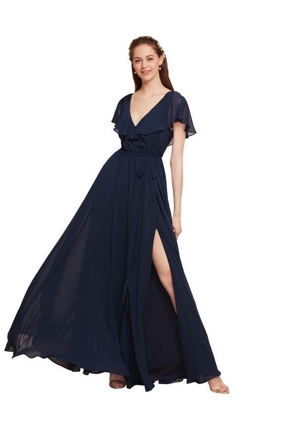 Long V-Neck Chiffon Bridesmaid Dress with Slit and V-Back for Sale