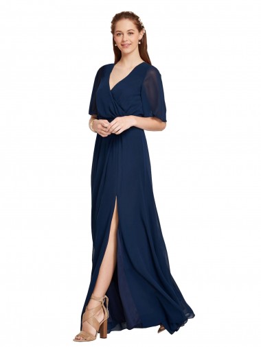 V-Neck Plush Chiffon Bridesmaid Dress with Flutter Sleeves for Sale