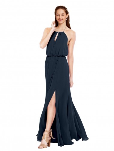 Grecian Style Halter Chiffon Bridesmaid Dress with Keyhole and Slit for Sale