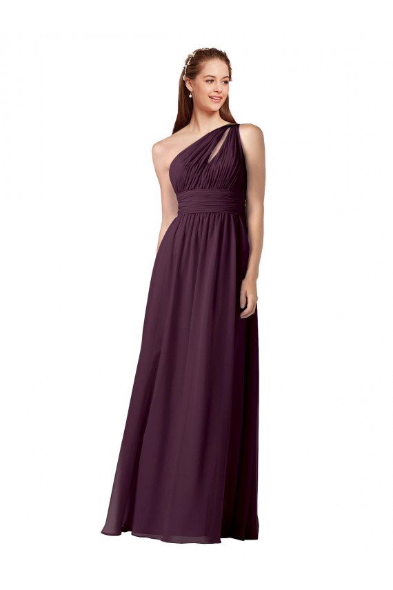 One Shoulder Chiffon Bridesmaid Dress with Front Keyhole and Shirred Bodice for Sale