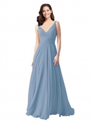 Long Chiffon V-Neck and Self Sash Bridesmaid Dress with Shirred Criss Cross Bodice for Sale