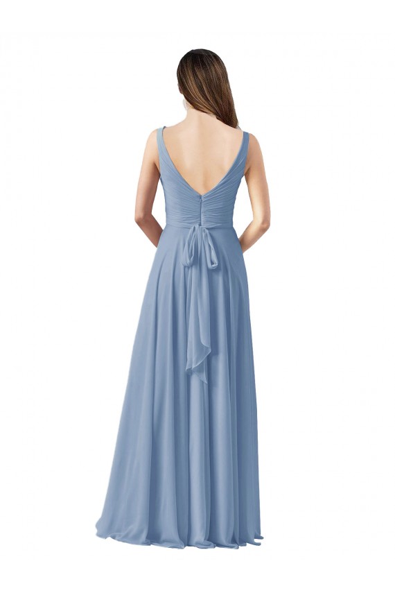 Long Chiffon V-Neck and Self Sash Bridesmaid Dress with Shirred Criss Cross Bodice for Sale