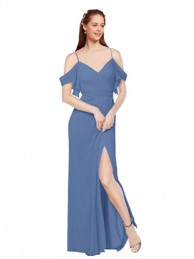 Mock-Wrap Off the Shoulder Long Chiffon Bridesmaid Dress with Side Slit for Sale