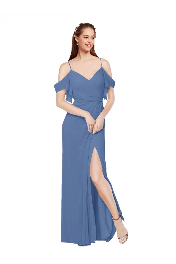 Mock-Wrap Off the Shoulder Long Chiffon Bridesmaid Dress with Side Slit for Sale