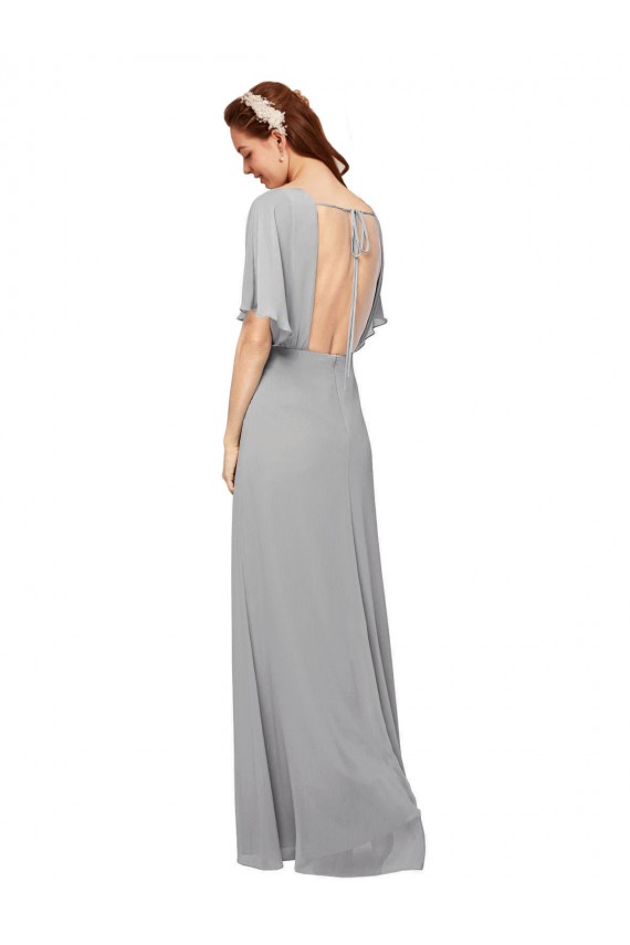 V-Neck Long Chiffon Bridesmaid Dress with Dolman Sleeved Bodice and Slit for Sale